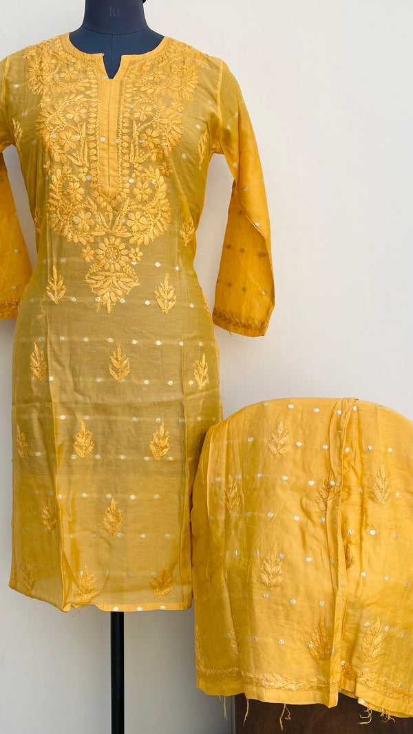 Lucknowi Chikankari Co-ord Set Mustard Mal Chanderi With Self Work