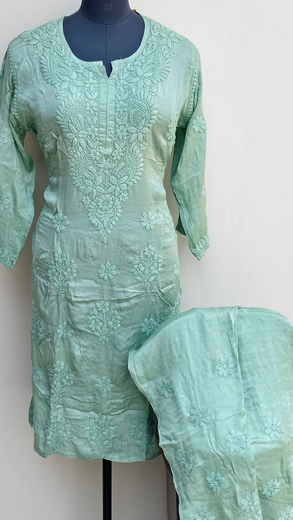Lucknowi Chikankari Co-ord Set Teal Green Muslin Cotton With Self 3D Work