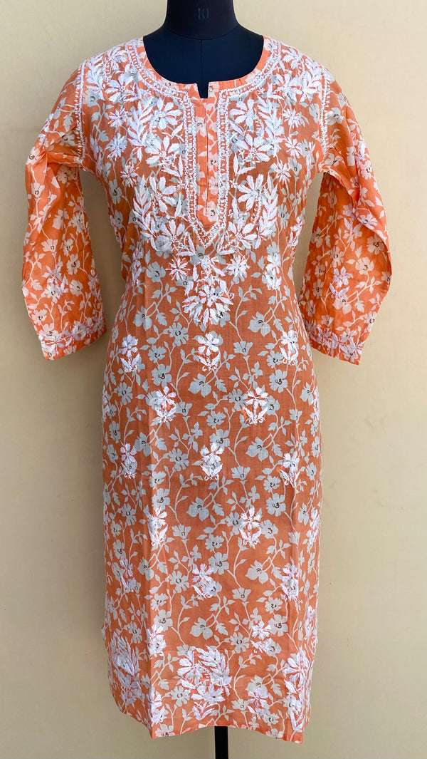 Lucknowi Chikankari Printed Kurti Peach Cotton