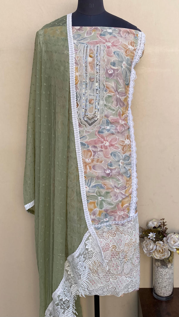 Designer Embroidered Suit Length 3 Piece Multicolour Mal Cotton With Pearl Cutdana & Sequence Work