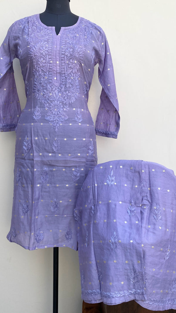 Lucknowi Chikankari Co-ord Set Purple Mal Chanderi With Self Work