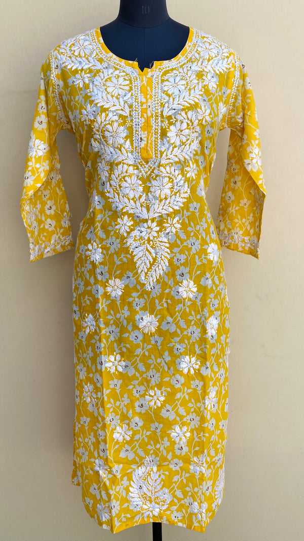 Lucknowi Chikankari Printed Kurti Yellow Cotton