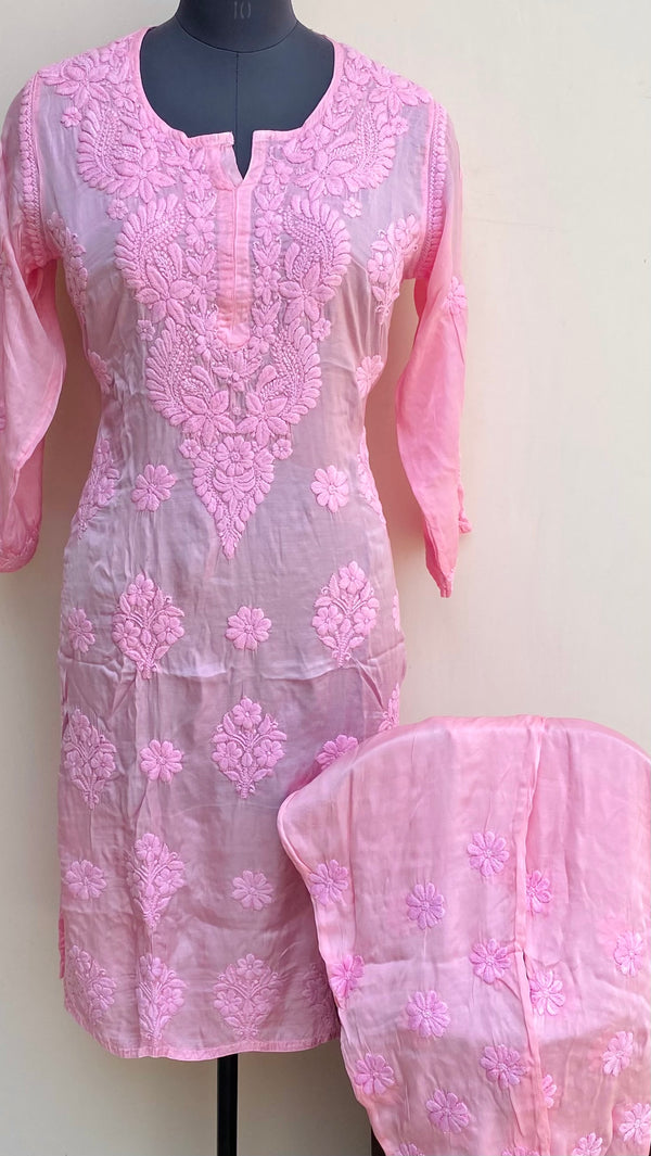 Lucknowi Chikankari Co-ord Set Pink Muslin Cotton With Self 3D Work