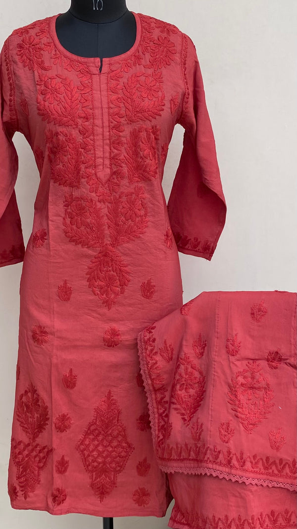 Lucknowi Chikankari Co-ord Set Red Mal Chanderi With Self 3D Work