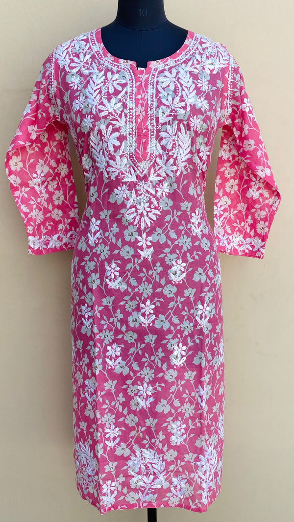 Lucknowi Chikankari Printed Kurti Pink Cotton