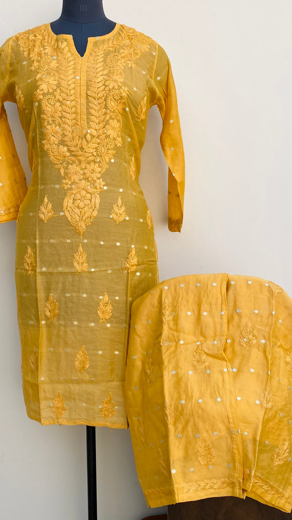 Lucknowi Chikankari Co-ord Set Mustard Mal Chanderi With Self Work