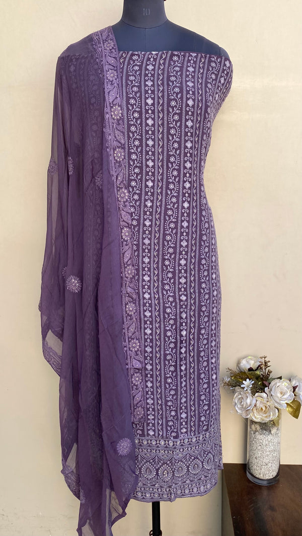 Chikankari Suit Length 3 Piece Purple Pure Georgette