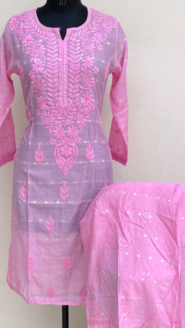 Lucknowi Chikankari Co-ord Set Pink Mal Chanderi With Self 3D Work