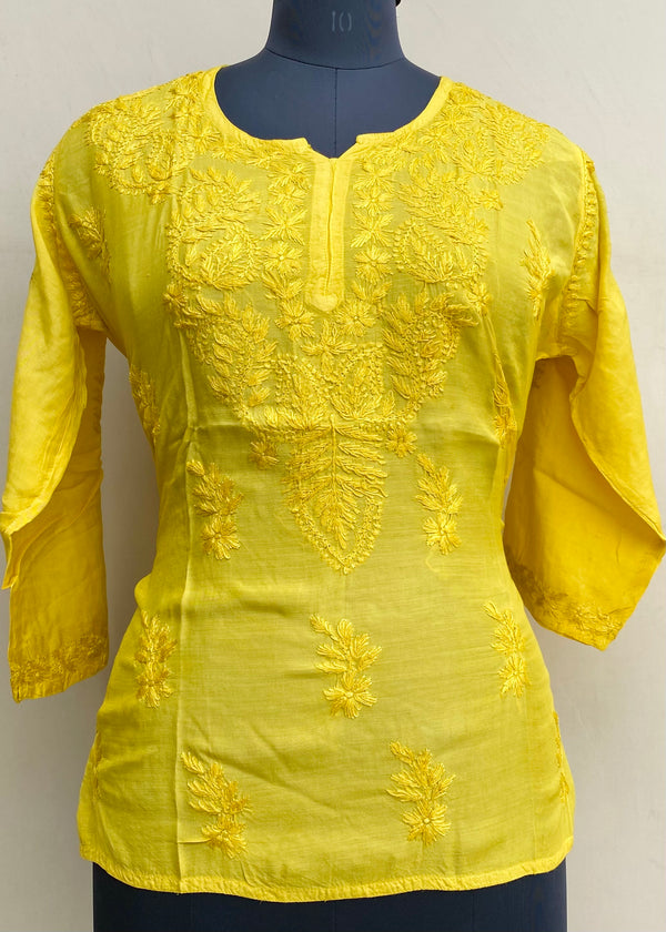 Lucknowi Chikankari Short Kurti Yellow Mal Chanderi With Self 3D Work