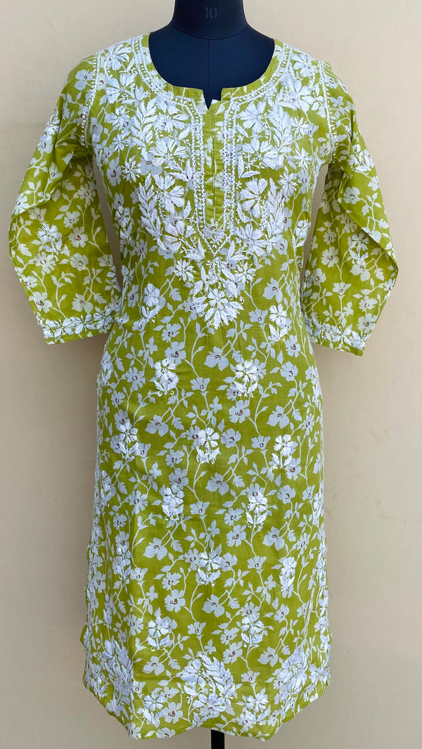 Lucknowi Chikankari Printed Kurti Green Mulmul Cotton