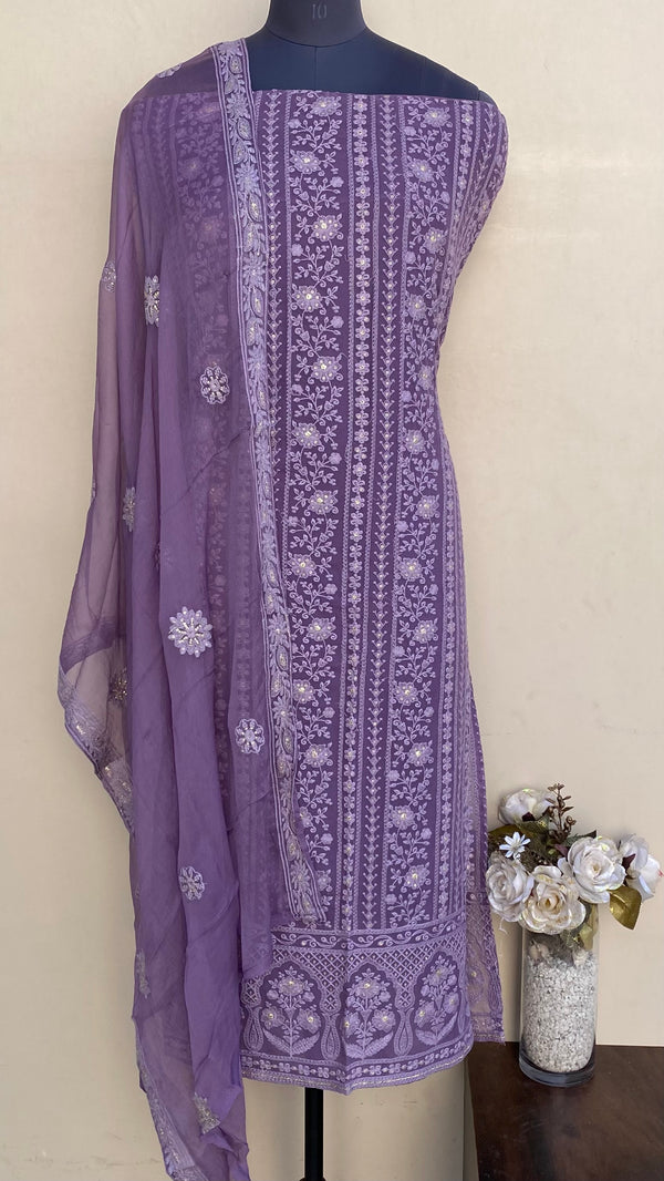 Chikankari Suit Length 3 Piece Purple Pure Georgette