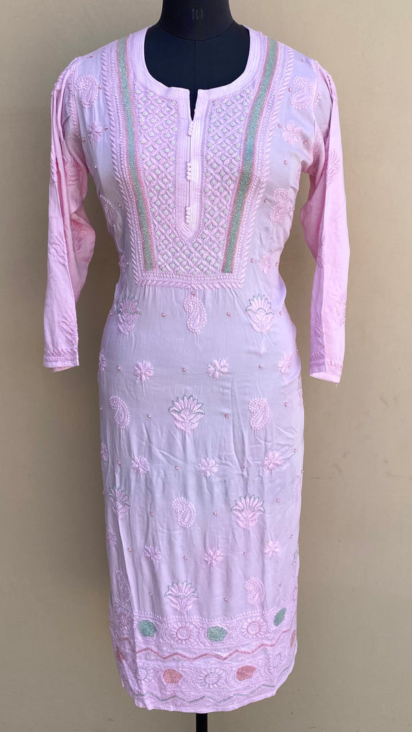 Lucknowi Chikankari Ombre Kurti Pink Muslin Cotton With Cutdana ,Pearl & Resham Work