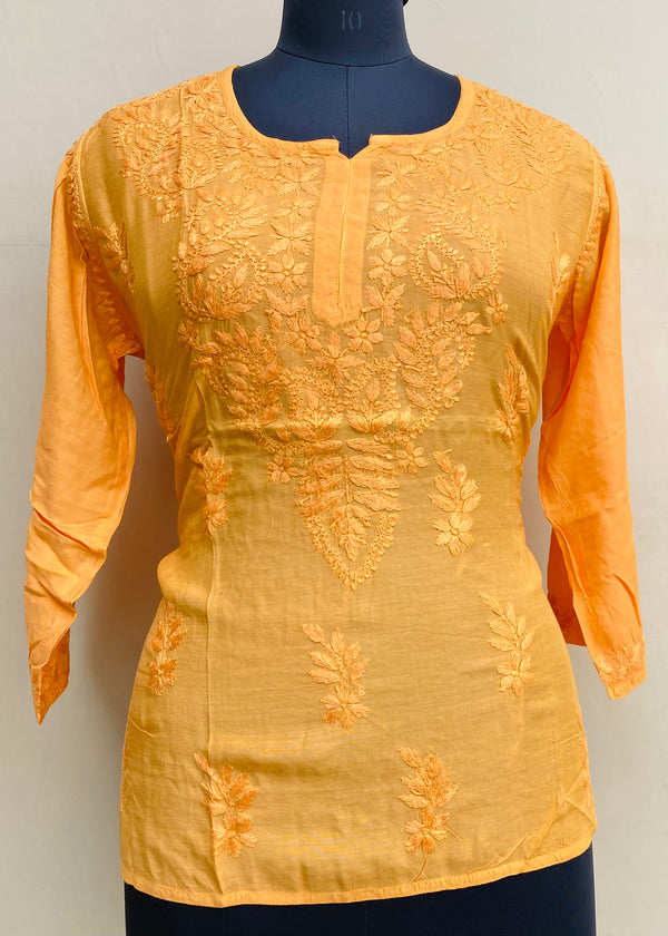 Lucknowi Chikankari Short Kurti Orange Mal Chanderi With Self 3D Work