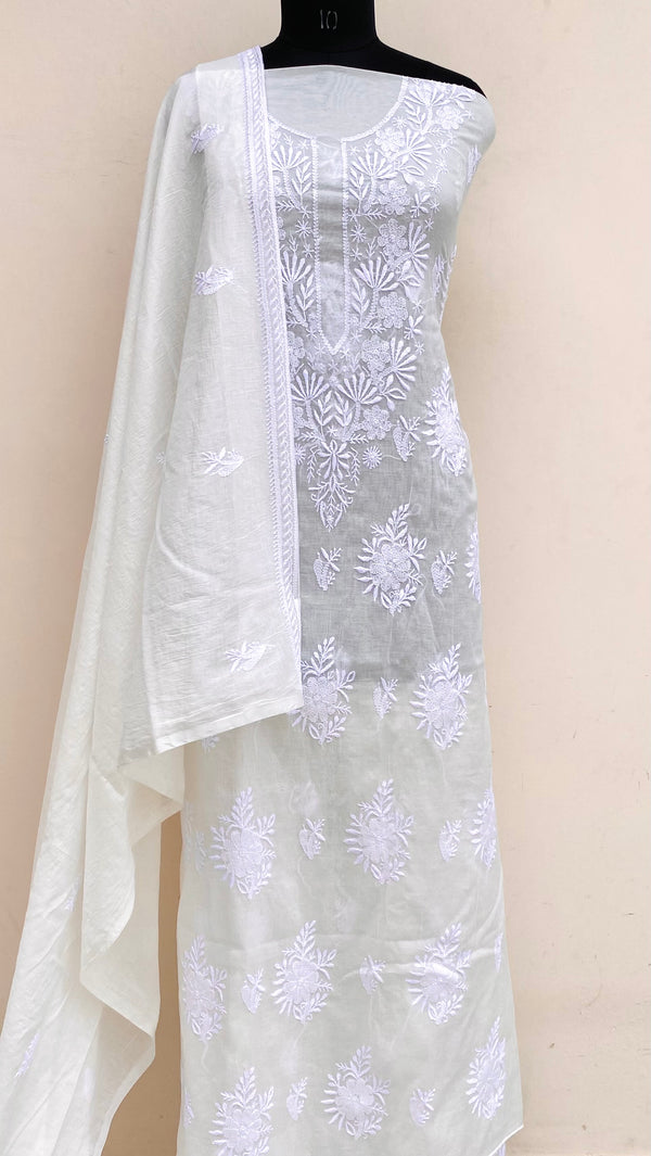 Lucknowi Chikankari Suit Length 2 Piece White Mal Chanderi