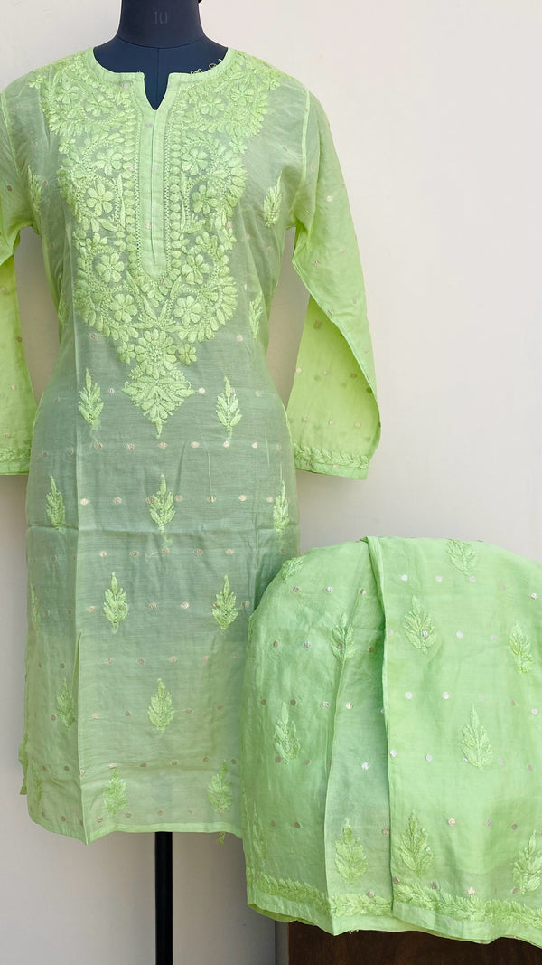Lucknowi Chikankari Co-ord Set Green Mal Chanderi With Self Work