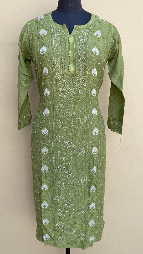 Lucknowi Chikankari Kurti Green Muslin Cotton With Cutdana,Pearl & Resham Work