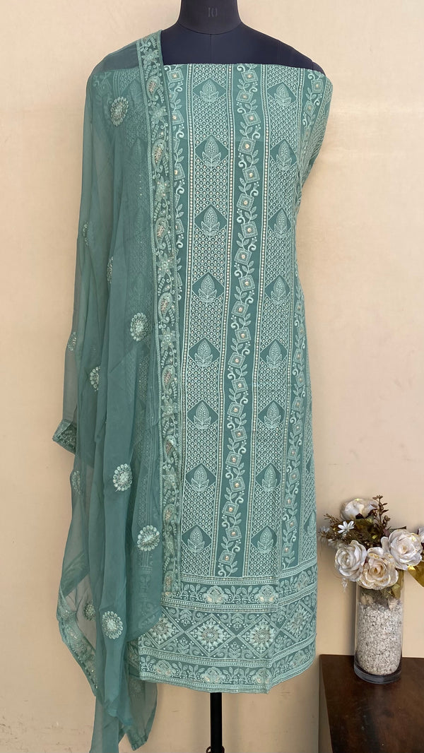 Chikankari Suit Length 3 Piece Teal Green Pure Georgette