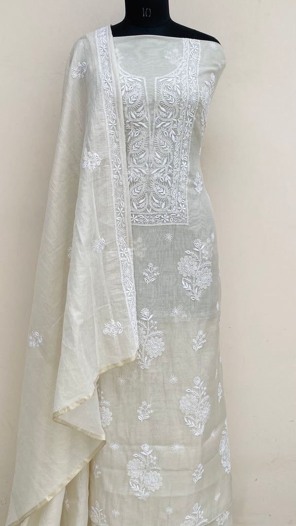 Lucknowi Chikankari Suit Length 2 Piece Cream Tissue