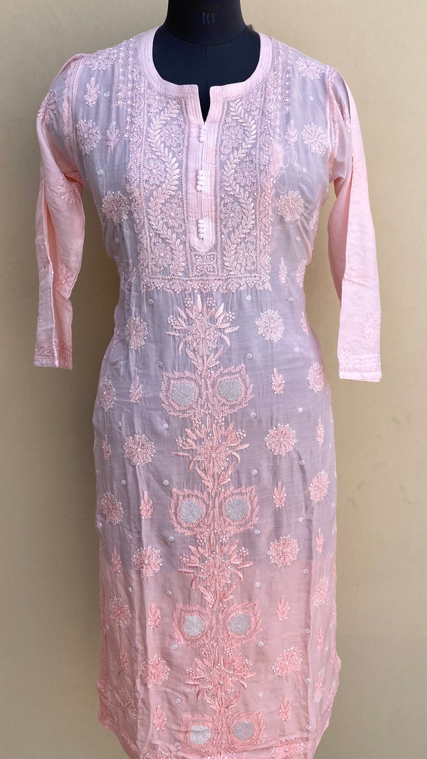 Lucknowi Chikankari Ombre Kurti Peach Muslin Cotton With Cutdana & Resham Work