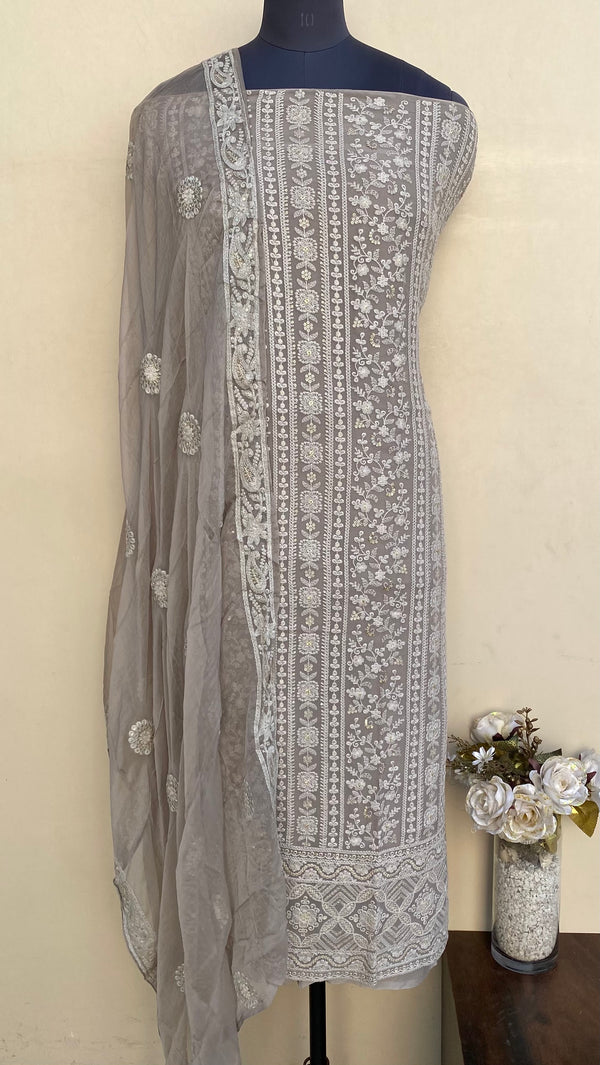 Chikankari Suit Length 3 Piece Gray Pure Georgette