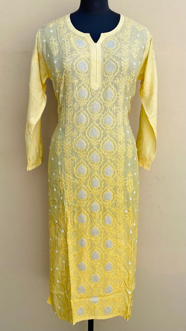 Lucknowi Chikankari Ombre Kurti Lemon Yellow Muslin Cotton With Cutdana,Pearl & Resham Work