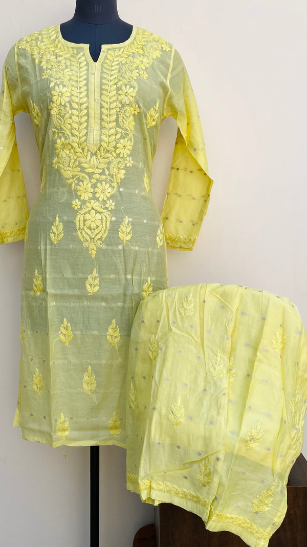 Lucknowi Chikankari Co-ord Set Yellow Mal Chanderi With Self Work