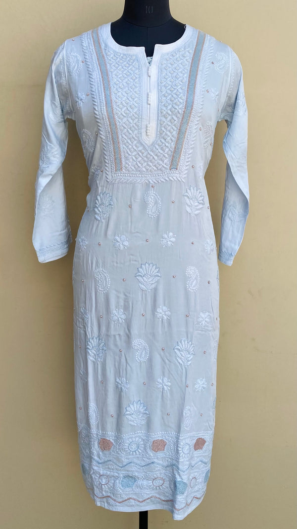 Lucknowi Chikankari Kurti Powder Blue Muslin Cotton With Cutdana,Pearl & Resham Work