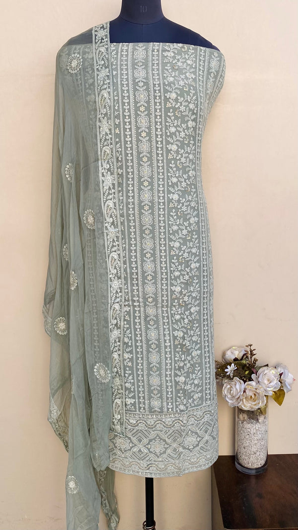 Chikankari Suit Length 3 Piece Green Pure Georgette