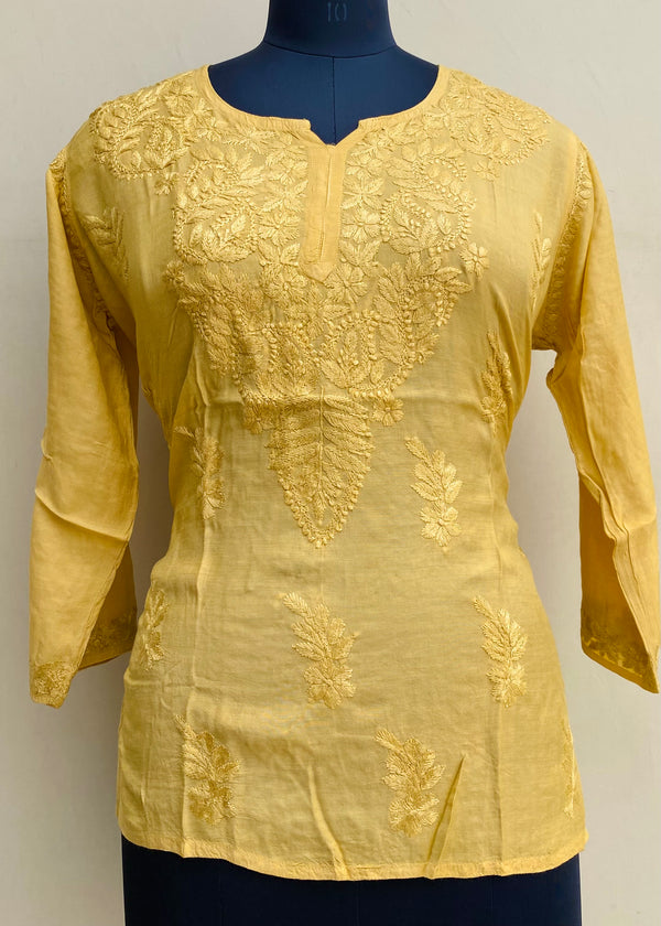 Lucknowi Chikankari Short Kurti Mustard Mal Chanderi With Self 3D Work