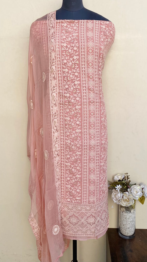 Chikankari Suit Length 3 Piece Peach Pure Georgette