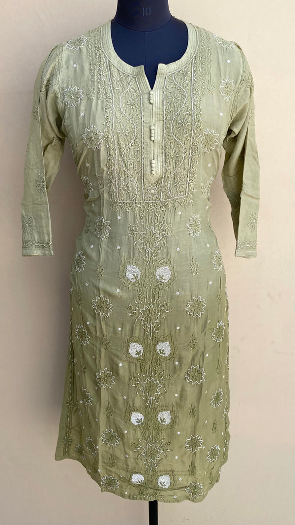 Lucknowi Chikankari Ombre Kurti Mahendi Green Muslin Cotton With Cutdana & Resham Work