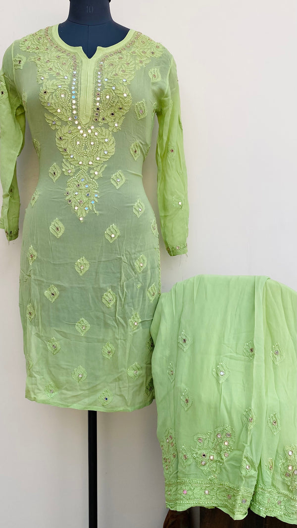 Lucknowi Chikankari Co-ord Set Green Pure Georgette With Mirror & Resham Work