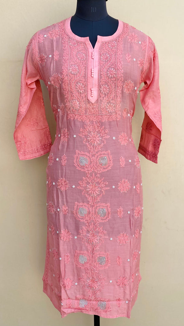 Lucknowi Chikankari Kurti Peach Muslin Cotton With Sequence,Pearl & Resham Work