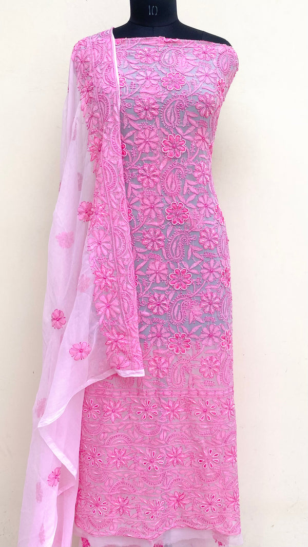 Lucknowi Chikankari Suit Length 3 Piece Pink Georgette With Pearl & Sequence Work