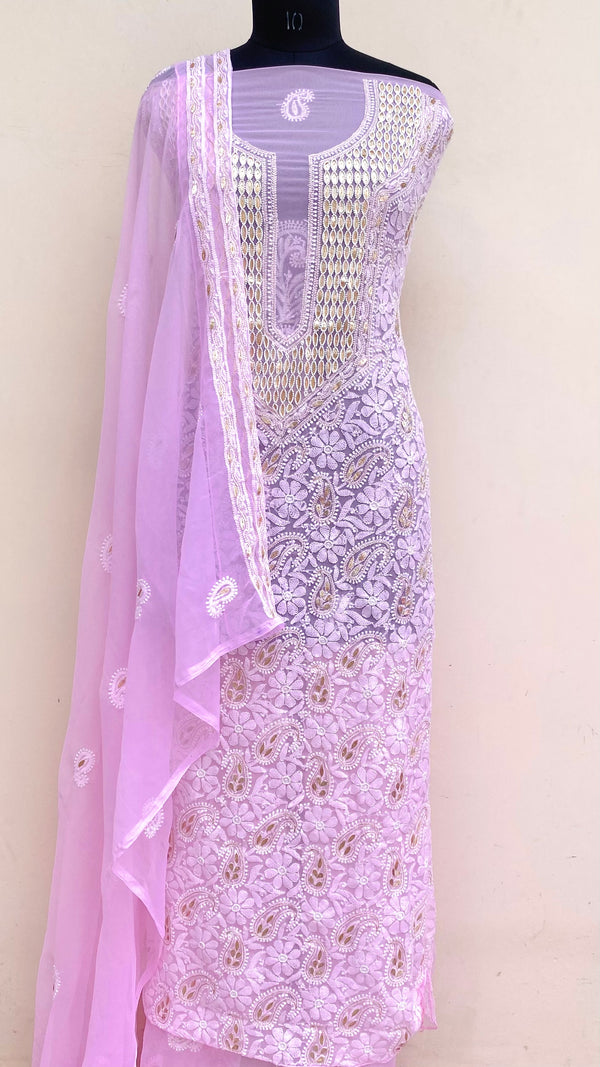 Lucknowi Chikankari Suit Length 3 Piece Pink Georgette With Pearl & Gotta Patti Work