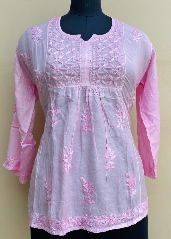 Lucknowi Chikankari Short Kurti Pink Mal Chanderi With Self 3D Work