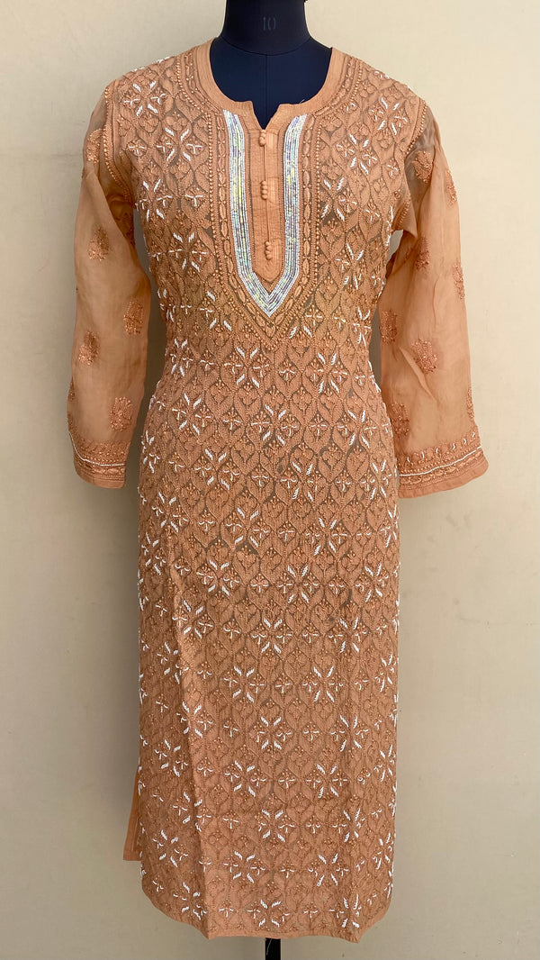 Lucknowi Chikankari Kurti Rust Organza With Sequence ,Pearl & Resham Work