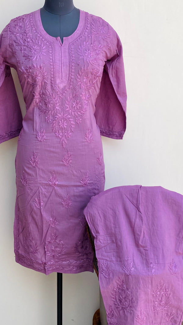 Lucknowi Chikankari Co-ord Set Onion Pink Mulmul Cotton With Self Work