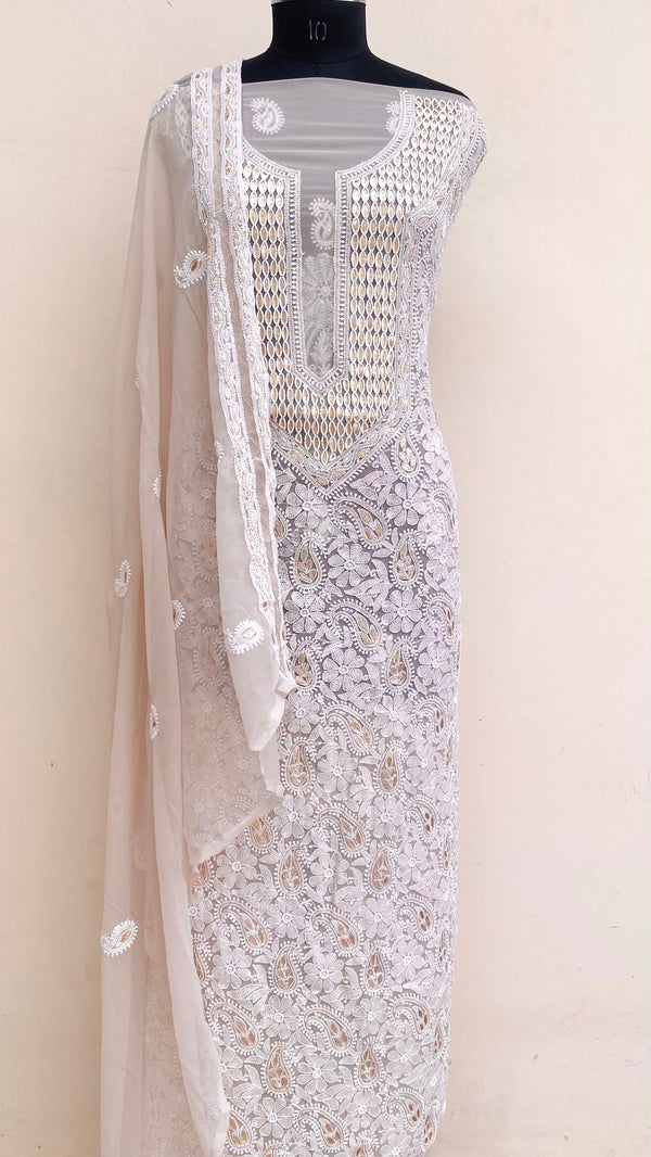 Lucknowi Chikankari Suit Length 3 Piece Mouse Colour Georgette With Pearl & Gotta Patti Work