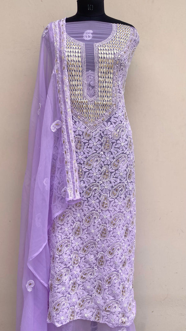 Lucknowi Chikankari Suit Length 3 Piece Purple Georgette With Pearl & Gotta Patti Work