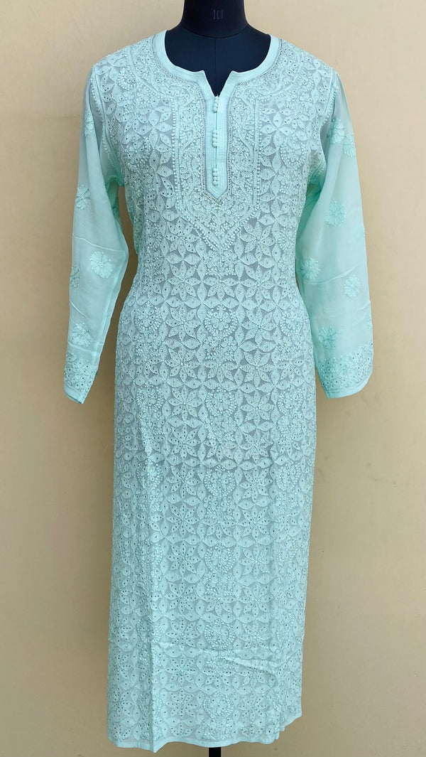 Lucknowi Chikankari Kurti Sea Green Pure Georgette With Mukaish & Resham Work