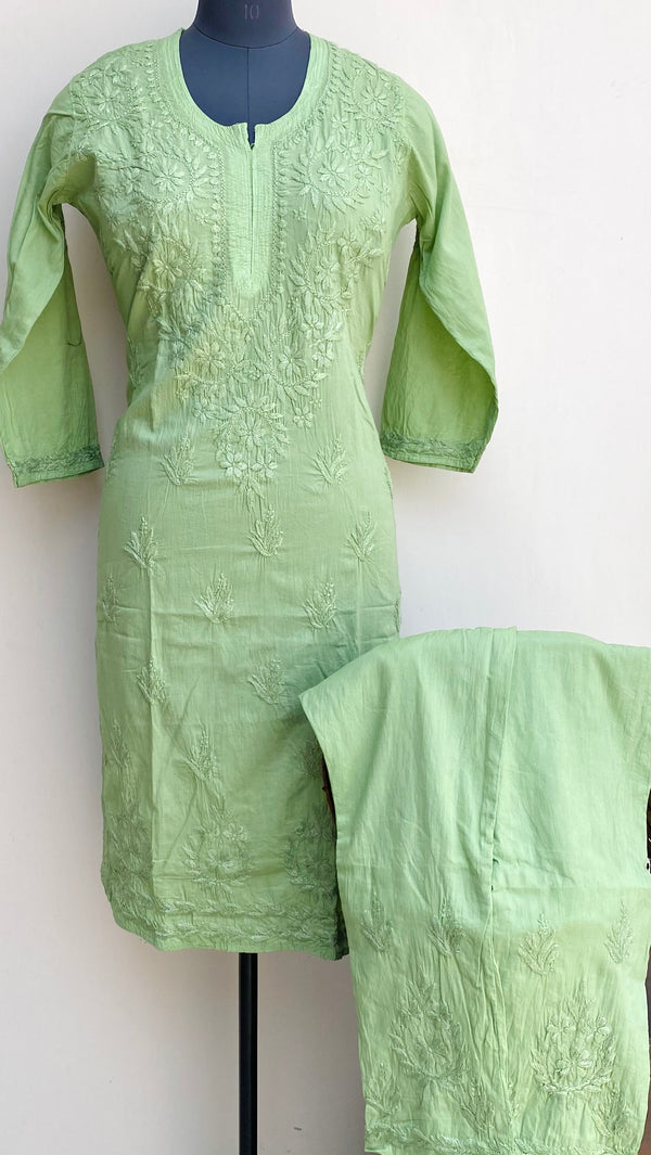 Lucknowi Chikankari Co-ord Set Parrot Green Mulmul Cotton With Self Work