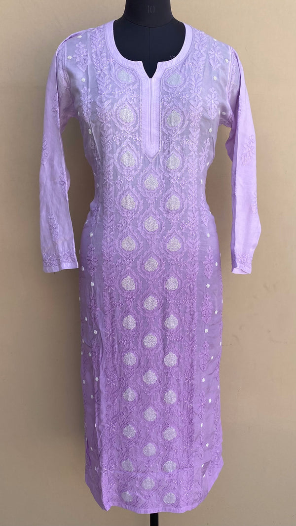 Lucknowi Chikankari Ombre Kurti Purple Muslin Cotton With Cutdana,Pearl & Resham Work