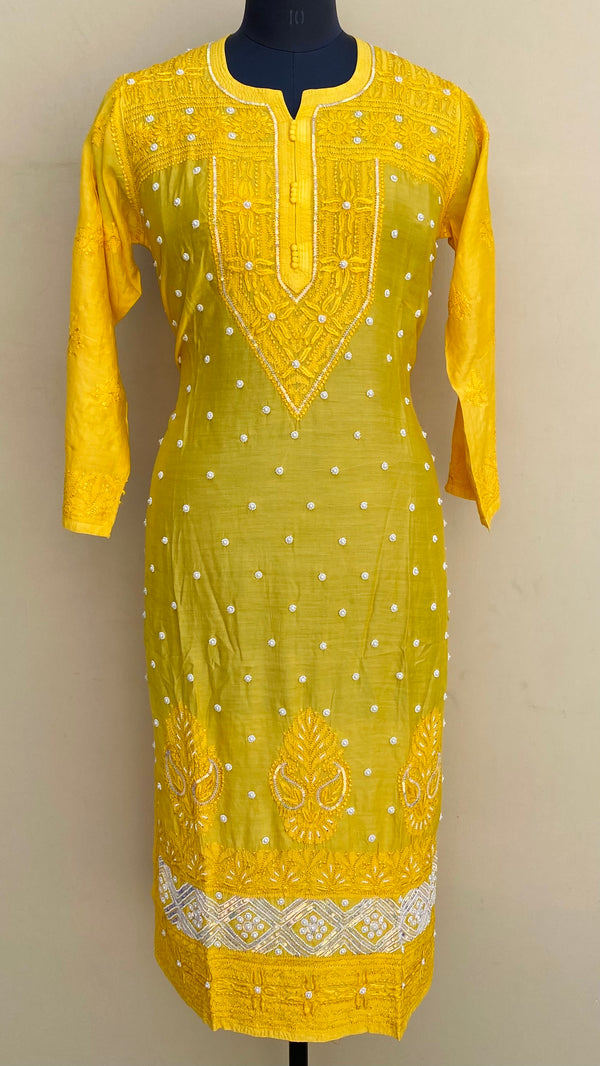 Lucknowi Chikankari Kurti Yellow Muslin Cotton With Sequence,Pearl & Resham Work