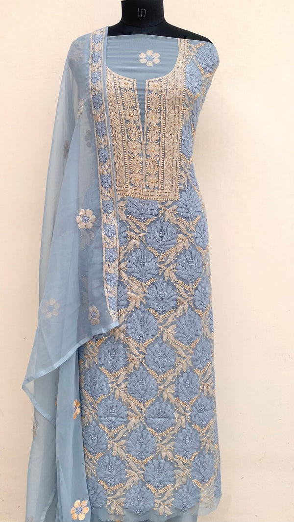 Lucknowi Chikankari Suit Length 3 Piece Gray Georgette With Pearl & Gotta Patti Work