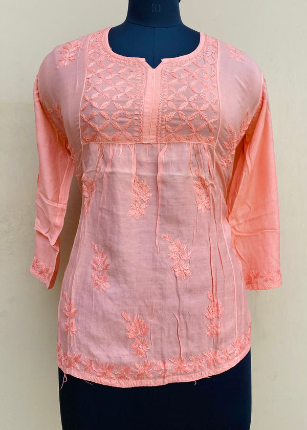 Lucknowi Chikankari Short Kurti Peach Mal Chanderi With Self 3D Work