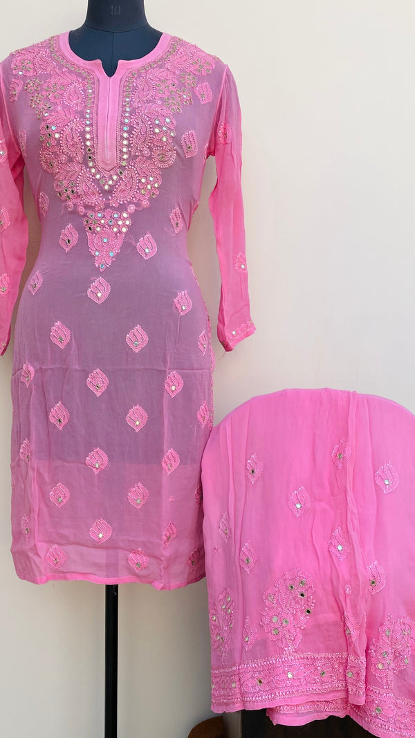 Lucknowi Chikankari Co-ord Set Pink Pure Georgette With Mirror & Resham Work