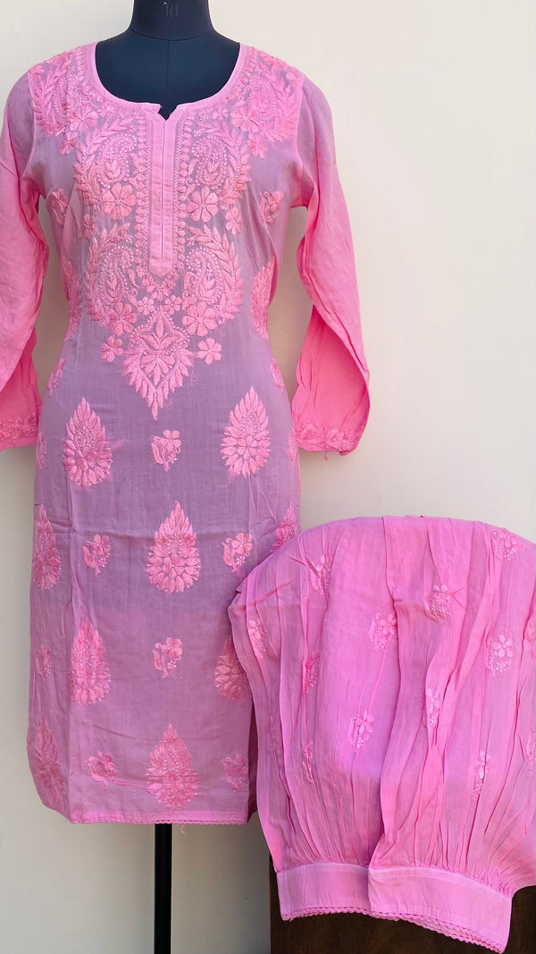 Lucknowi Chikankari Co-ord Set Pink Mulmul Cotton With Self Work