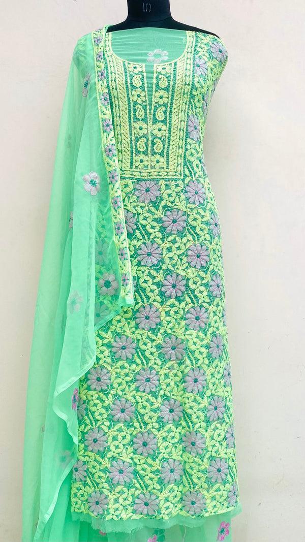 Lucknowi Chikankari Suit Length 3 Piece Green Georgette