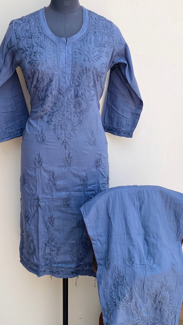 Lucknowi Chikankari Co-ord Set Gray Mulmul Cotton With Self Work